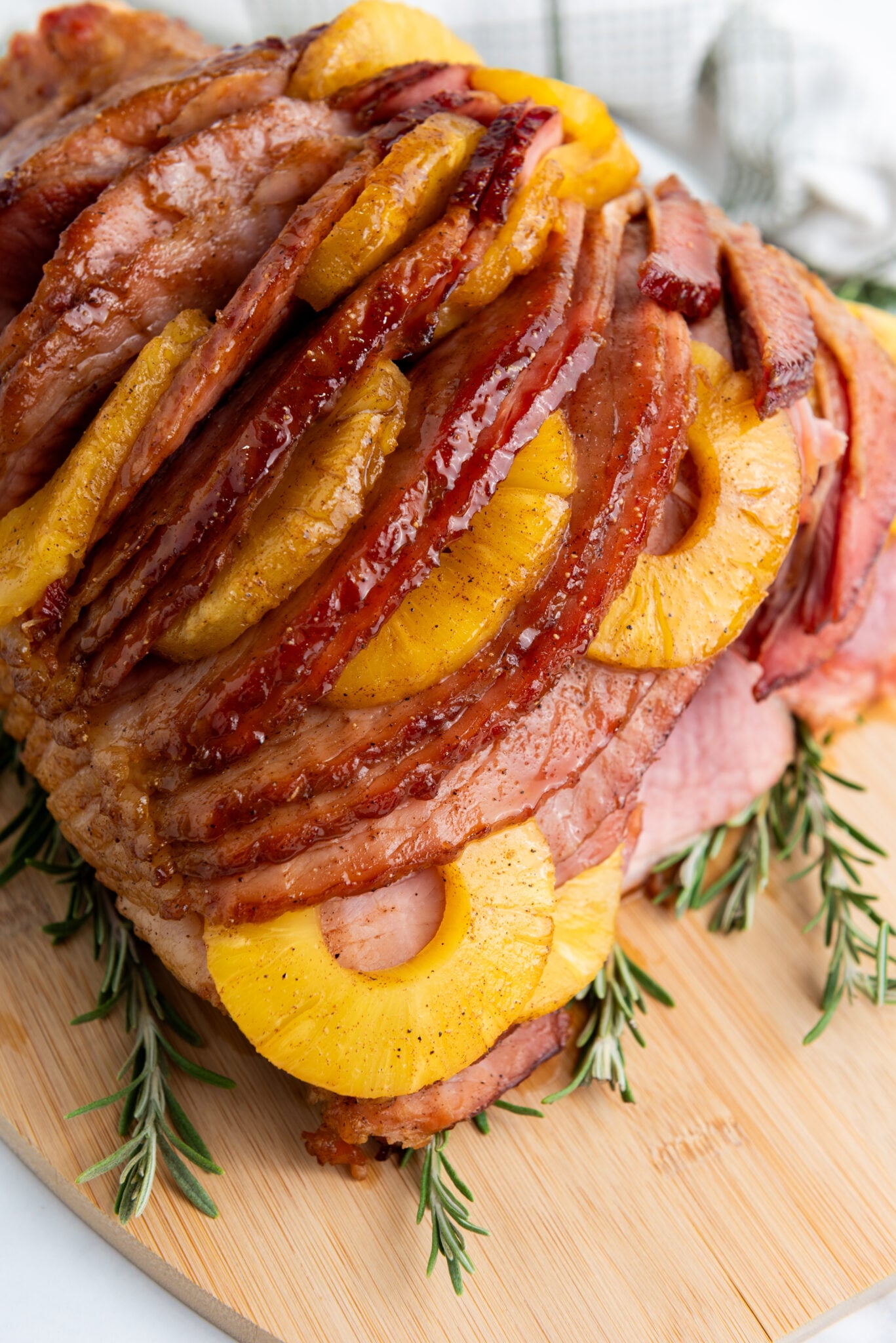 close up of holiday pineapple brown sugar glaze for ham