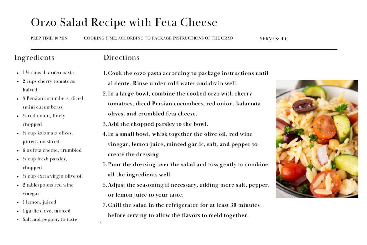 Recipe page for an orzo salad with feta cheese, listing ingredients and step-by-step cooking instructions.