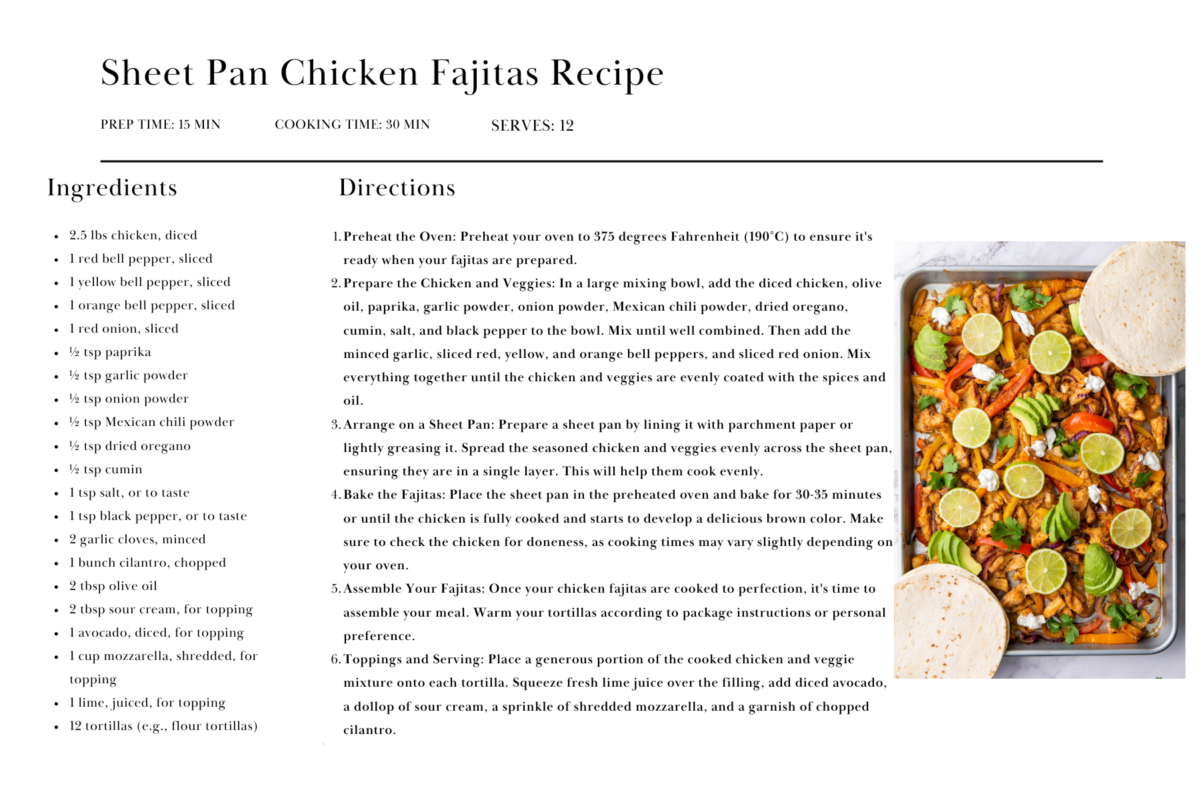 A displayed recipe page for cooking "sheet pan fajitas," including ingredients and step-by-step instructions.