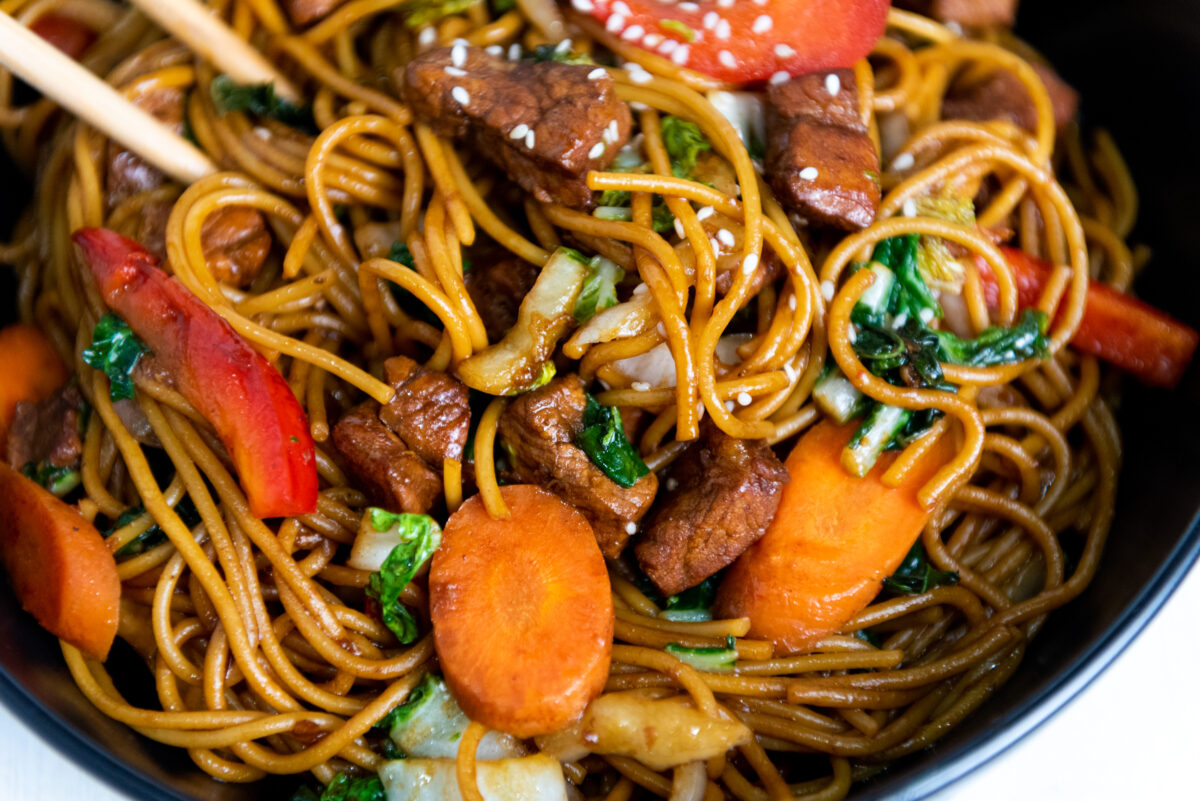 Close up of Pork Lo Mein.