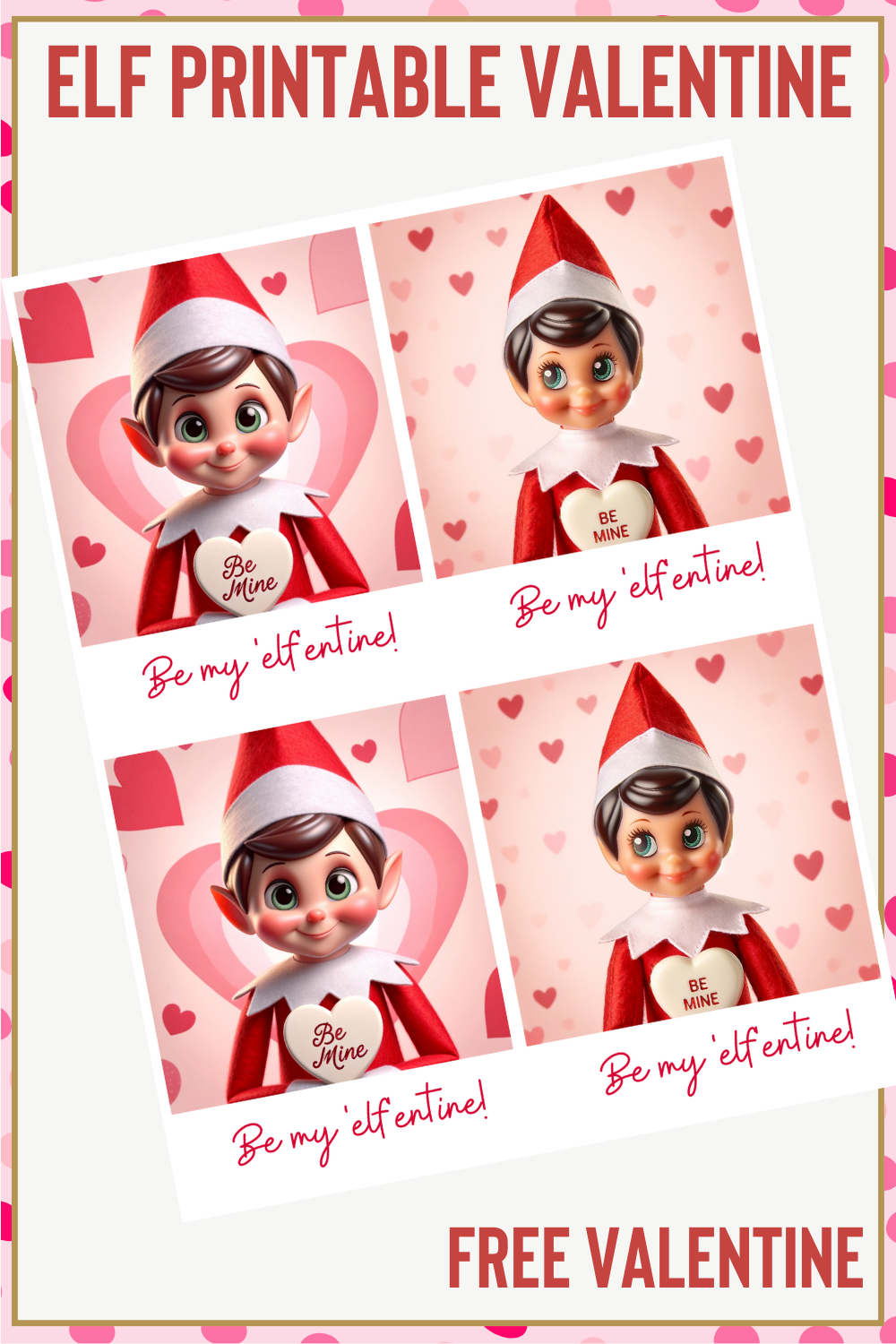 Printable Elf Valentine cards featuring four illustrations of cute elves
