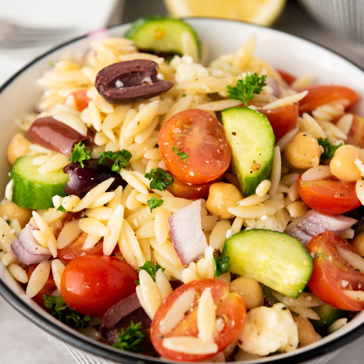 close up of a bowl of orzo pasta