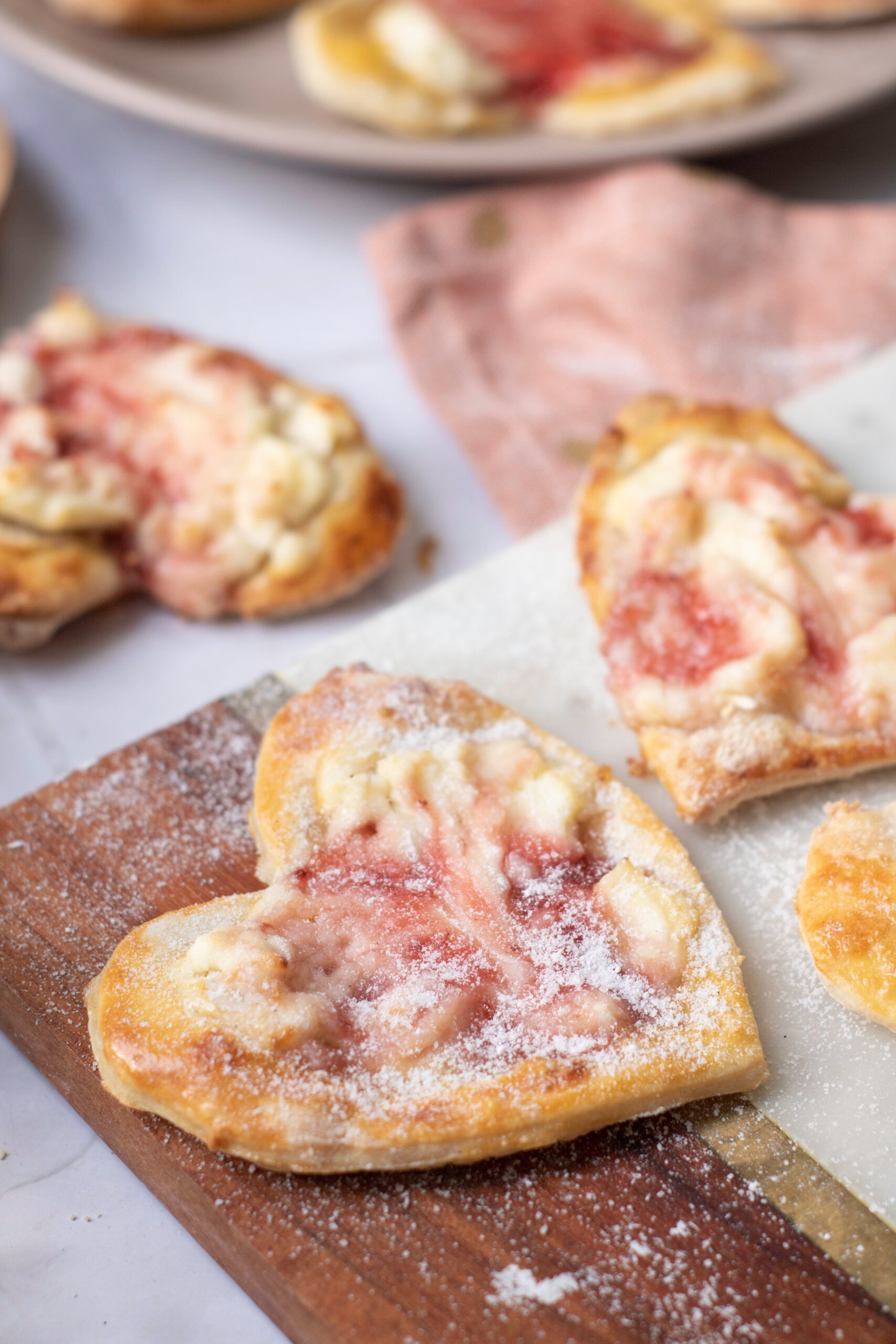 close up of puff pastry cream cheese hearts recipe
