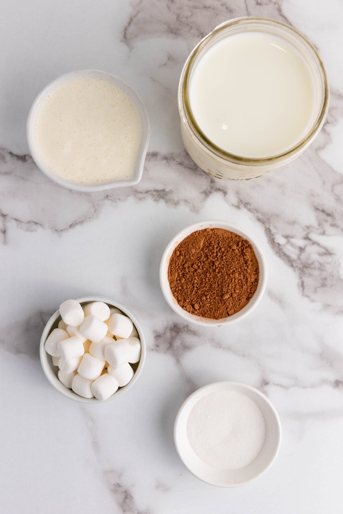 Ingredients for homemade whipped chocolate milk: whipping cream, cocoa powder, and sugar in a mixing bowl.