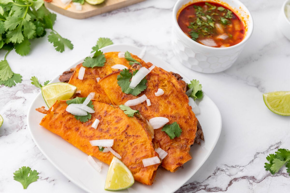 overheard shot of easy birria de res recipe on a plate