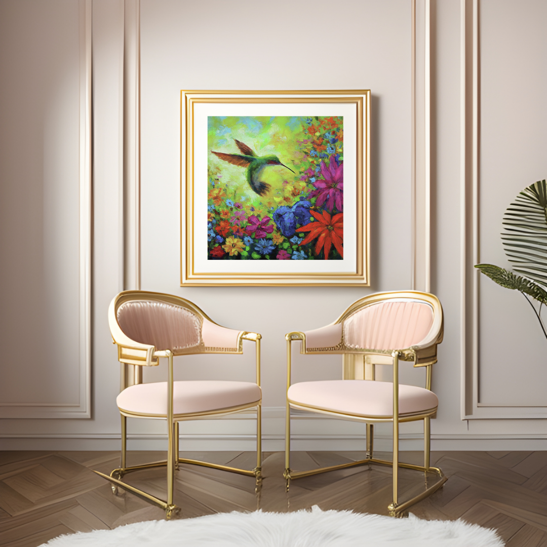 Elegant interior with golden-framed vibrant floral and two pink velvet chairs.