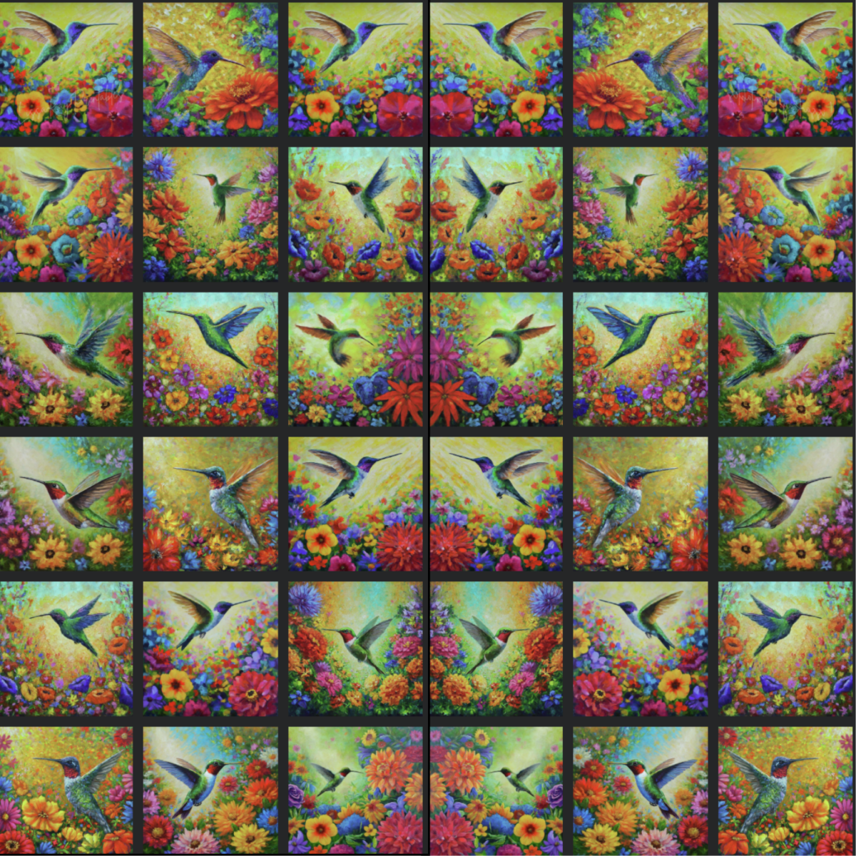 Collage of vibrant floral and hummingbird illustrations arranged in a unique repeated pattern.