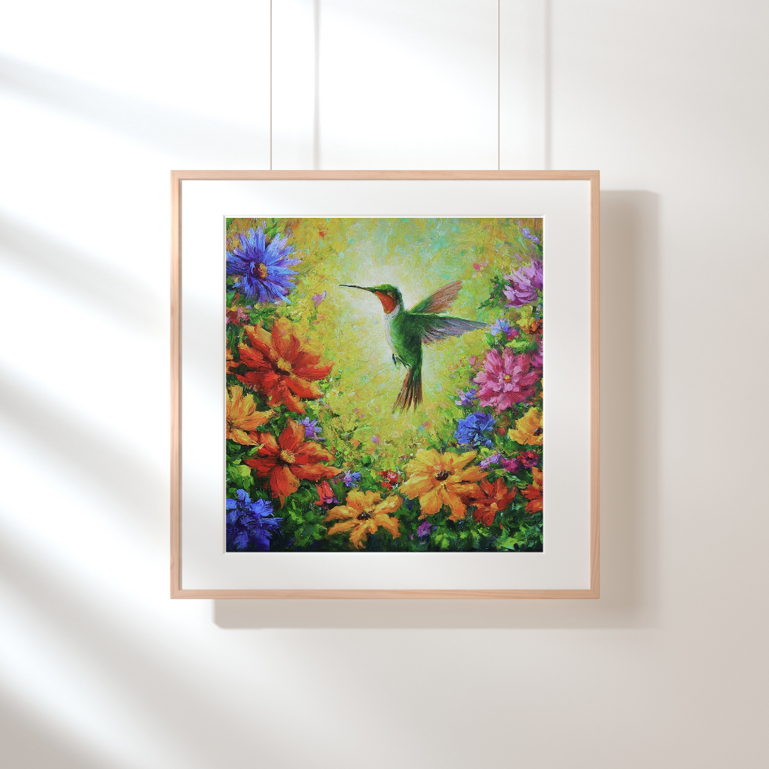 Painting of a hummingbird in flight among colorful flowers, frame on a white wall.