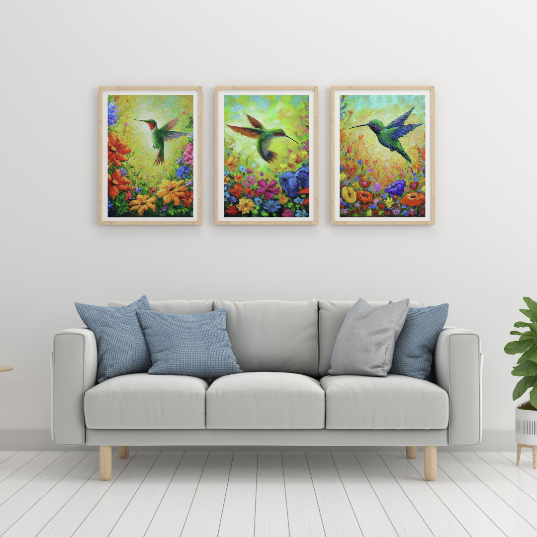 A modern living room featuring a white sofa with blue cushions and a triptych of colorful hummingbird paintings on the wall.