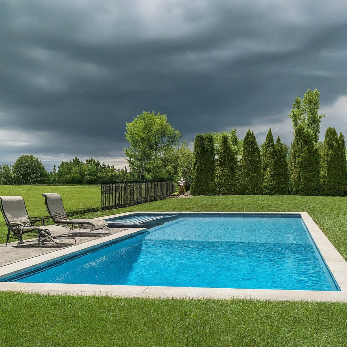 A tranquil backyard with a swimming pool awaiting pool maintenance under an overcast sky, suggestive of upcoming rain.