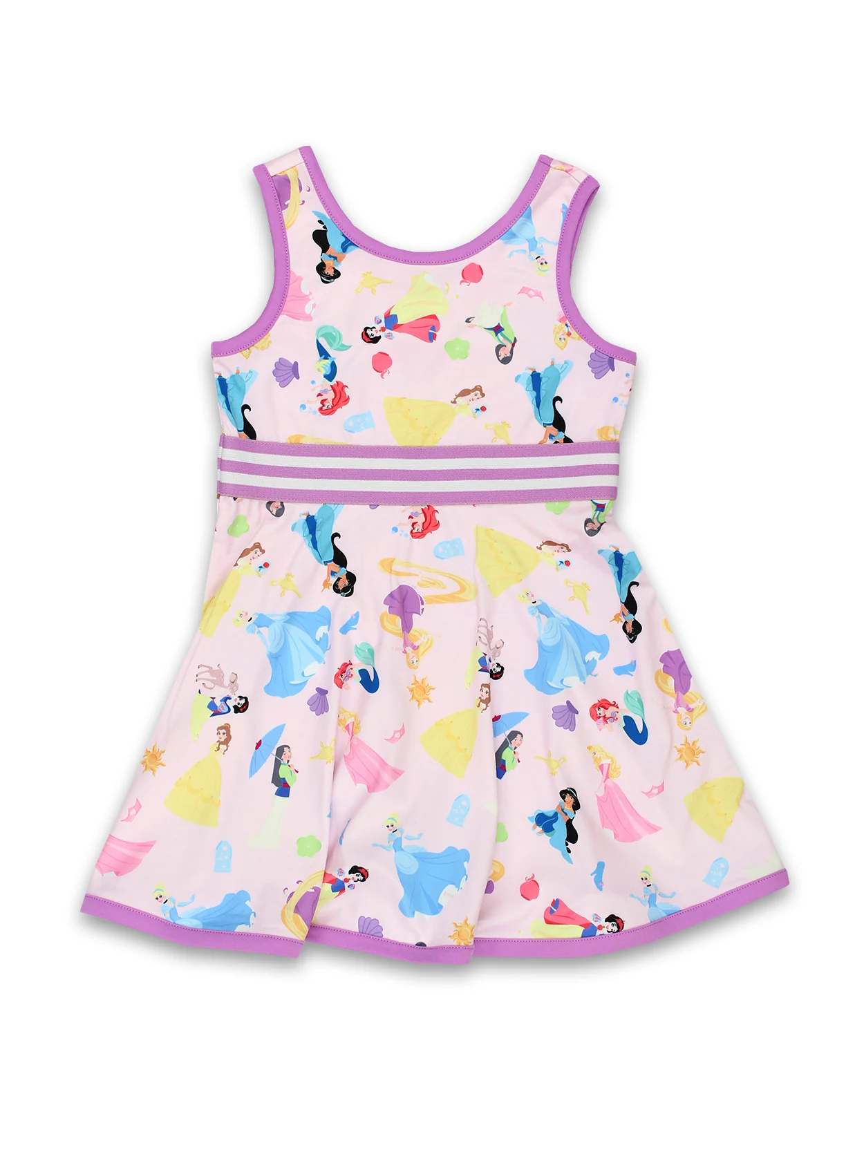 Child's dress with Best Disney Princess pattern on a white background, perfect for a trip.