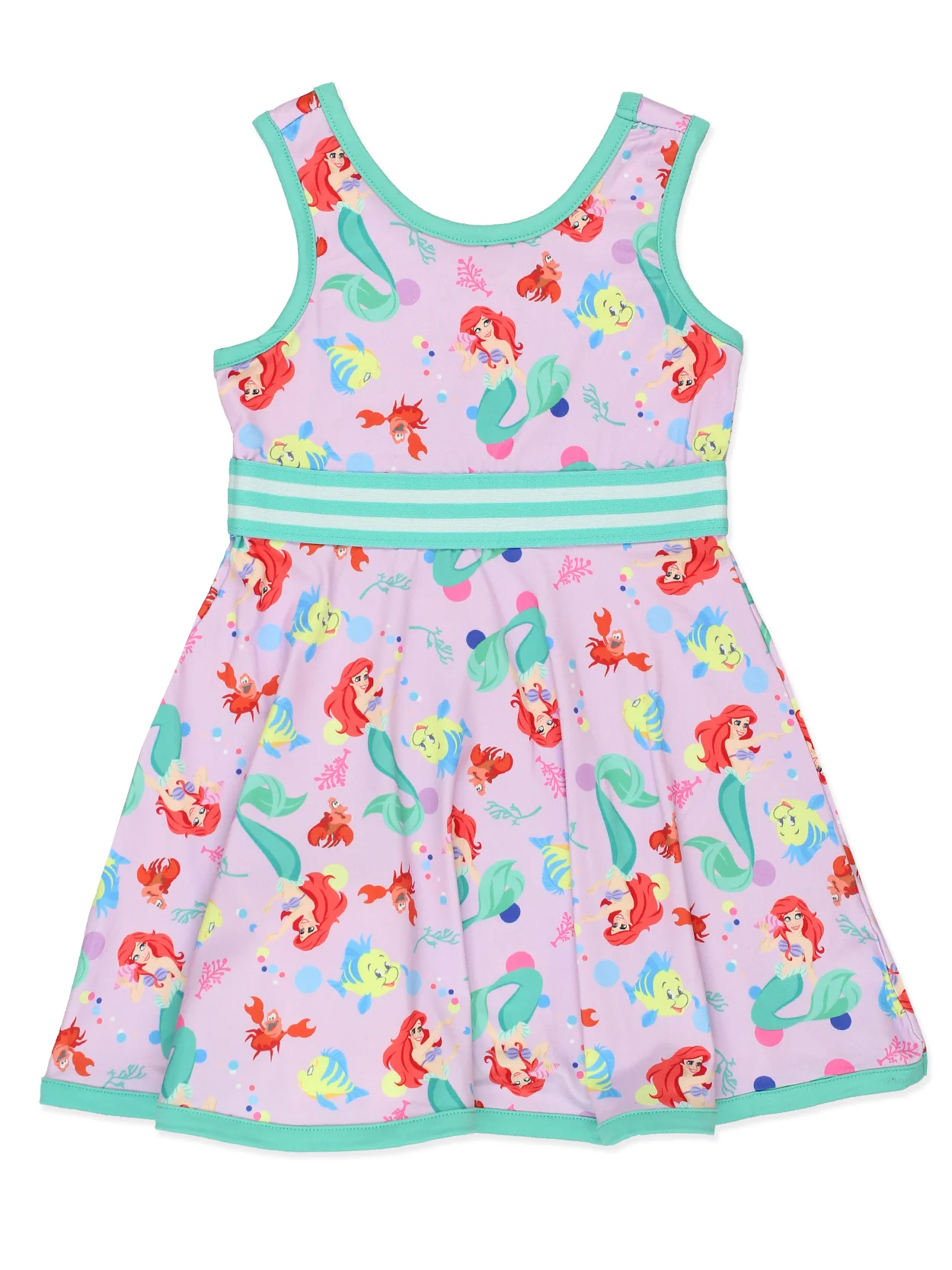 Child's sleeveless Disney Princess dress with mermaid print on a white background.
