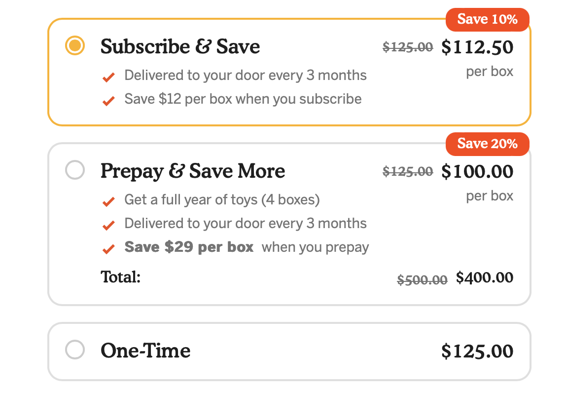 A subscription service pricing chart showing different savings options for regular deliveries.