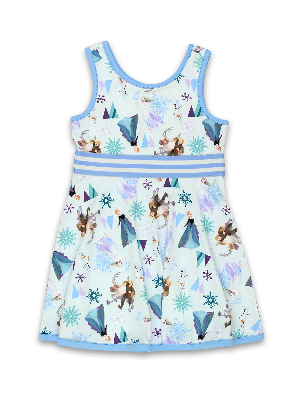 Child's sleeveless Disney Princess Dress with a Frozen-themed pattern on a white background, perfect for your next trip.