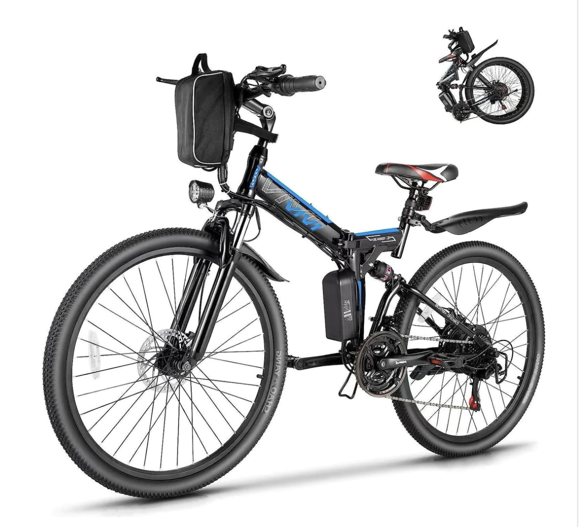Electric mountain ebike with battery pack and pannier bag, perfect for RV travel, shown in a side profile and partial rear view.
