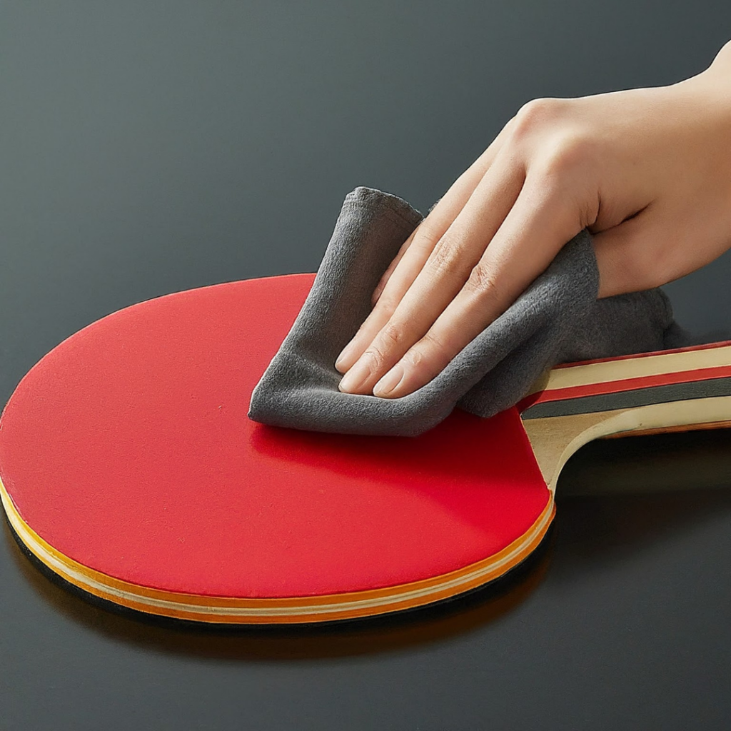A person cleans a red table tennis paddle with a gray cloth on a black surface.