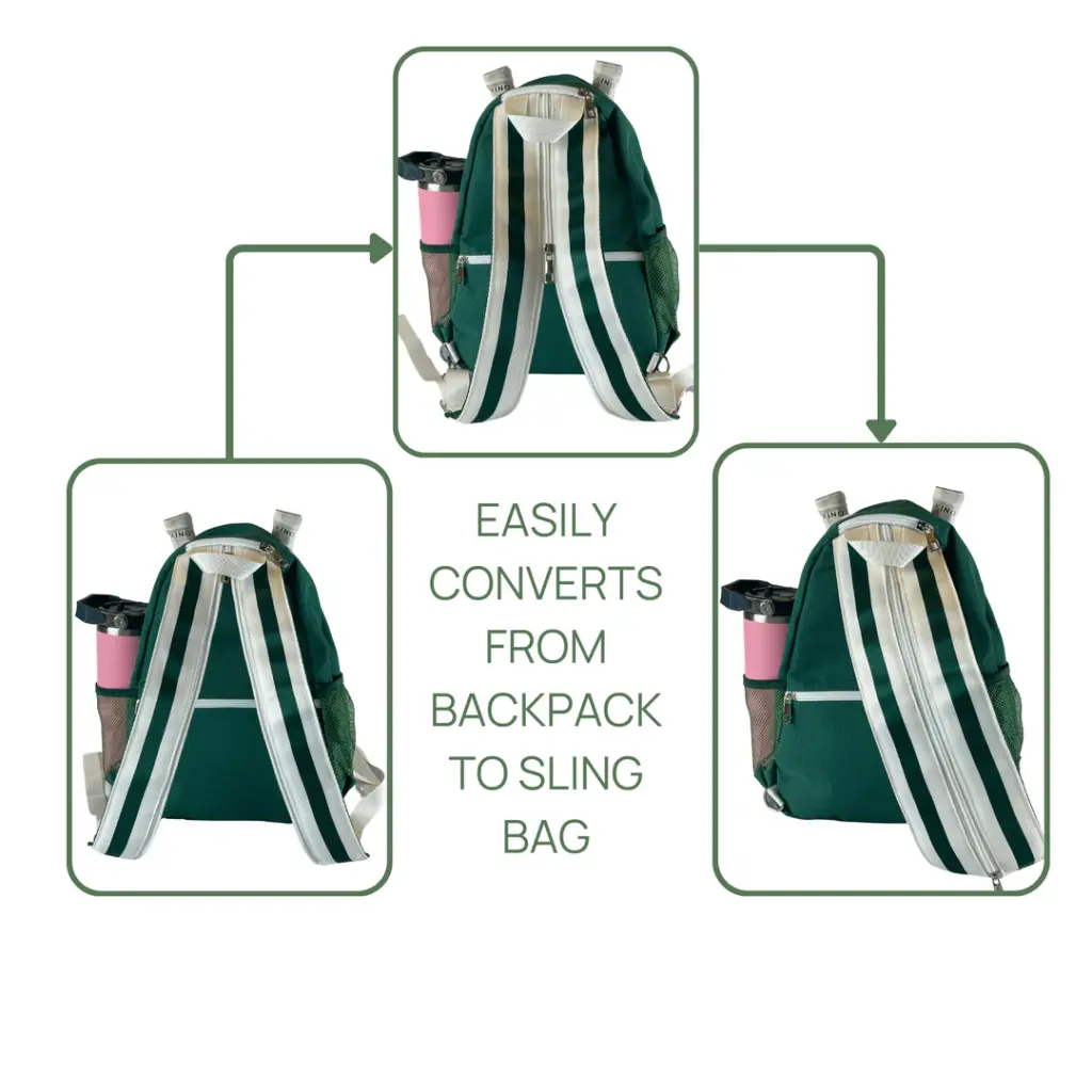 A green and white backpack illustrated in three views: standard backpack, sling bag conversion steps, with the text "Easily converts from backpack to sling bag" displayed in the center. The auto draft design ensures seamless transformation without hassle.