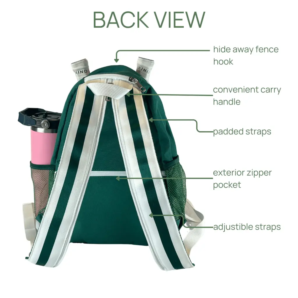Back view of a green backpack showing features: hideaway fence hook, convenient carry handle, padded straps, exterior zipper pocket, adjustable straps, and side pocket with a pink bottle. Auto Draft mechanism ensures easy strap adjustments.