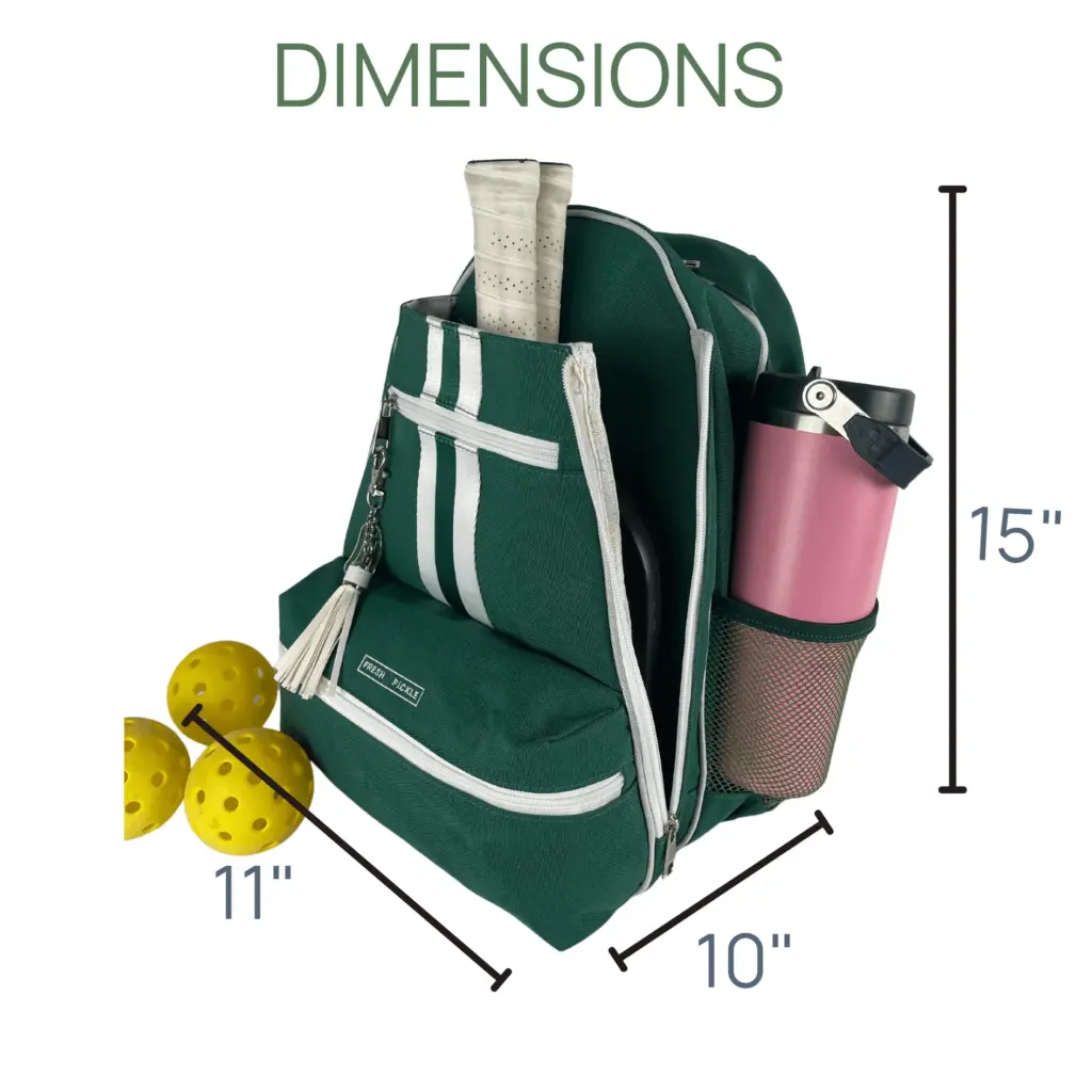 A green sports backpack with white straps, perfect for carrying your auto draft essentials. The backpack measures 15 inches tall, 11 inches wide, and 10 inches deep. Three yellow balls are placed next to it, ready for action.
