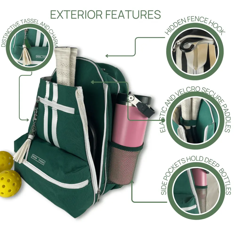 A green and white striped backpack showcasing exterior features: tassel and charm, hidden fence hook for easy access, secure paddles with elastic and Velcro, deep bottle side pockets, two yellow balls, and Auto Draft technology.