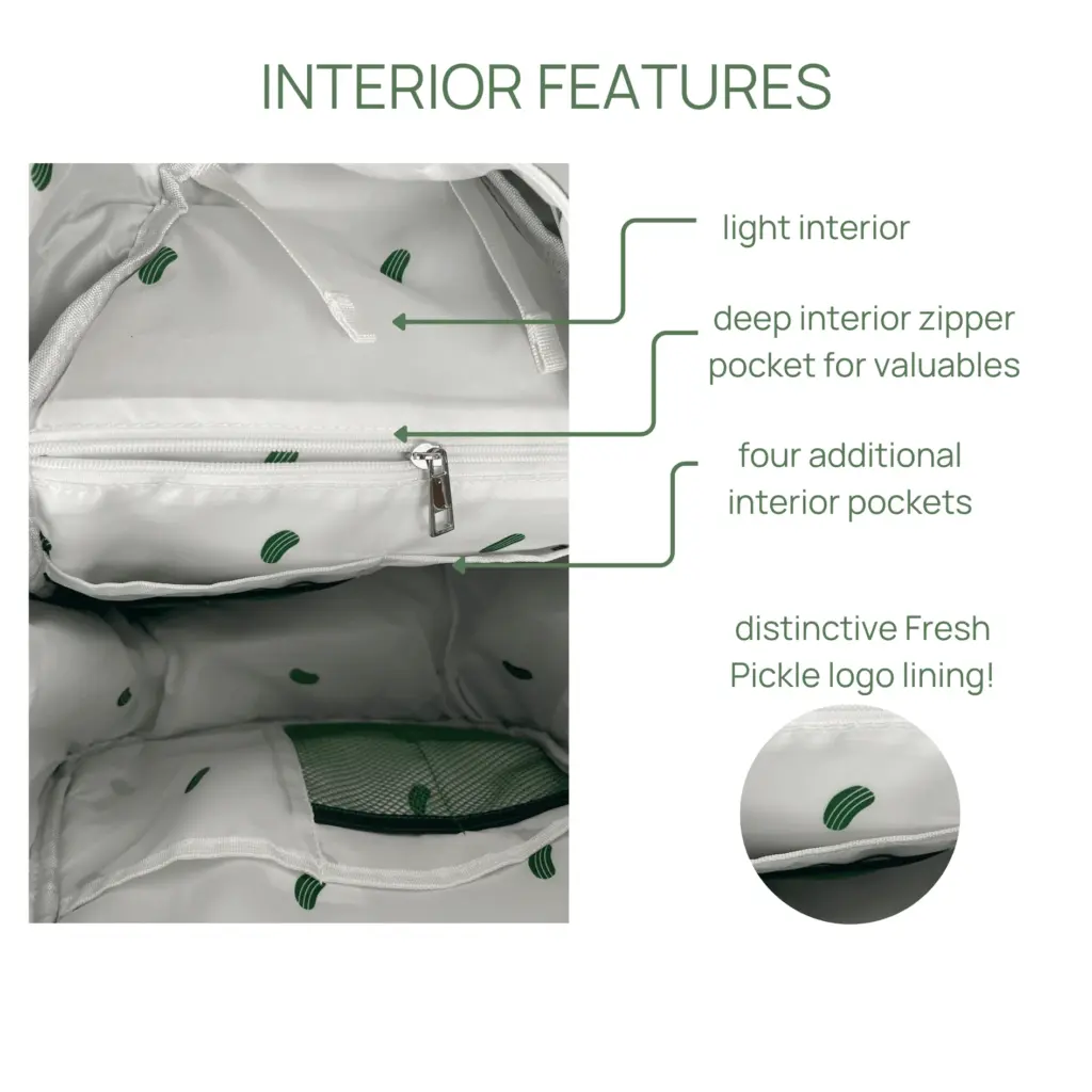A view of the bag's interior features a light interior, a deep interior zipper pocket, four additional pockets, and Fresh Pickle logo lining with playful green pickle illustrations. An Auto Draft system ensures seamless organization.