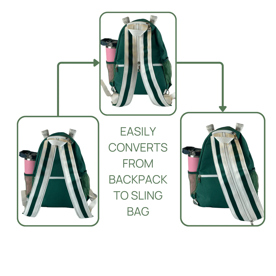 A green and white backpack illustrated in three views: standard backpack, sling bag conversion steps, with the text "Easily converts from backpack to sling bag" displayed in the center. The auto draft design ensures seamless transformation without hassle.