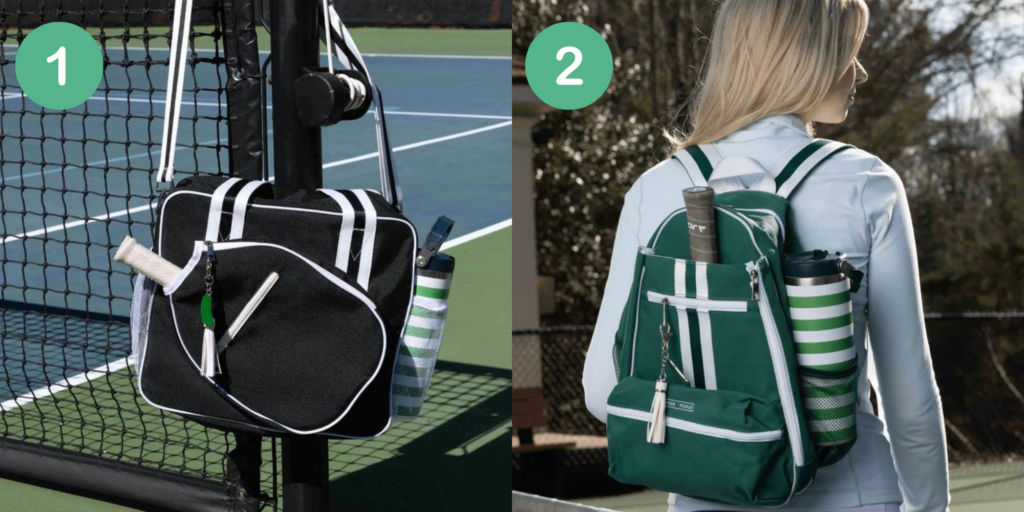View of Lola pickleball tote and Teddi pickleball backpack