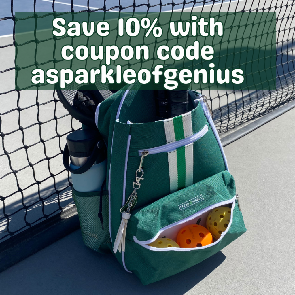 Green sports bag with pickleball equipment, positioned against a fence on a court. Text over the image reads, "Save 10% with coupon code asparkleofgenius." Discover why our Ladies Pickleball Bags are among the Best Pick for any game.