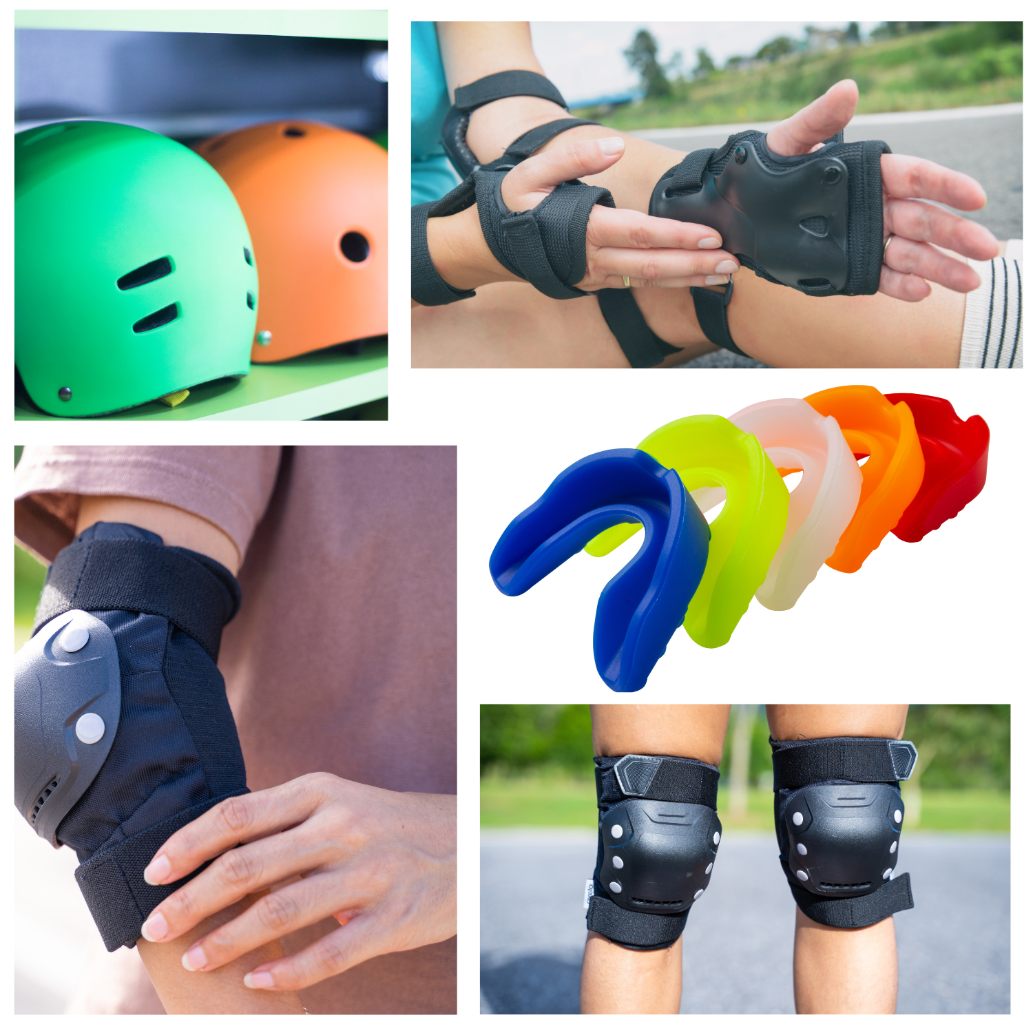 Collage of rollerblading and roller skate protective gear including helmets, wrist guards, knee pads, elbow pads, and a set of colorful mouthguards—everything you need to know to stay safe outside.