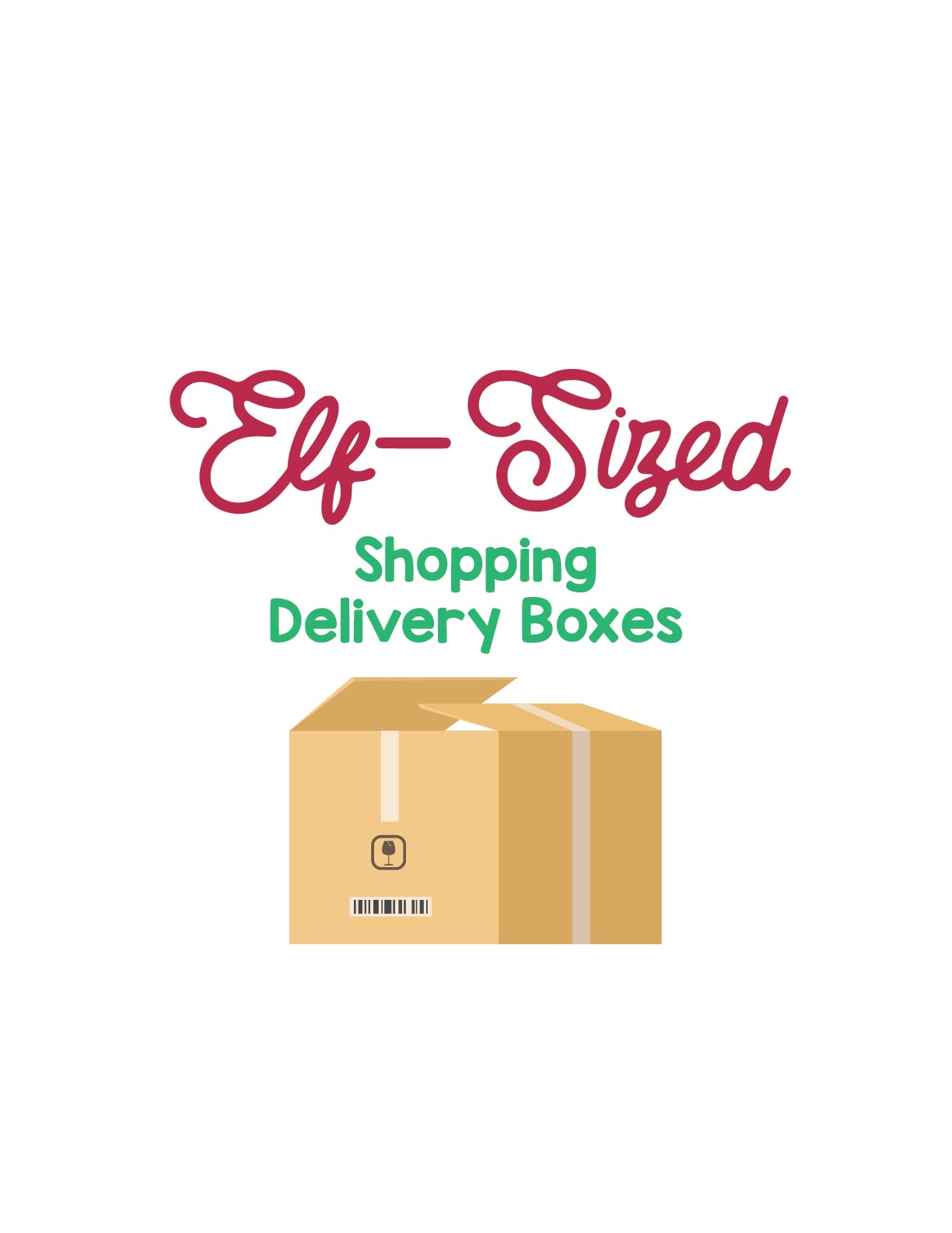 Logo with the text "Elf-Sized Shopping Delivery Boxes" above an illustration of a cardboard box.