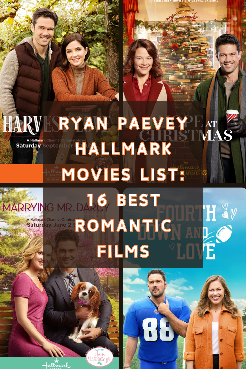 A charming collage of four Hallmark Movies posters, each featuring a male and female actor. Dive into the romantic world with titles like "Harvest Love," "Hope at Christmas," "Marrying Mr. Darcy," and "The Fourth Down and Love.