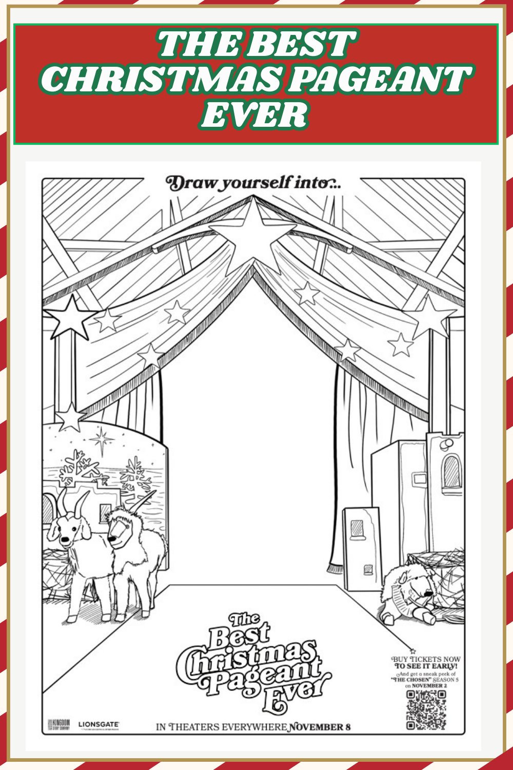 Coloring page for "The Best Christmas Pageant Ever" movie, showcasing a festive stage with curtains, stars, a tree, a llama, a goat, and various theater elements capturing the magic of the Christmas pageant.