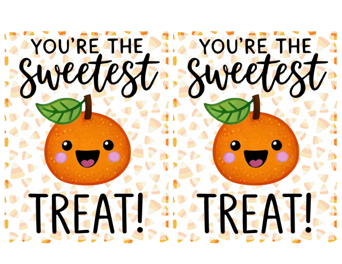 An illustration of a cute orange with a smiling face is surrounded by candy corn, capturing the essence of an auto-drafted note. Text above reads "You're the sweetest treat!" and is repeated twice throughout the image.
