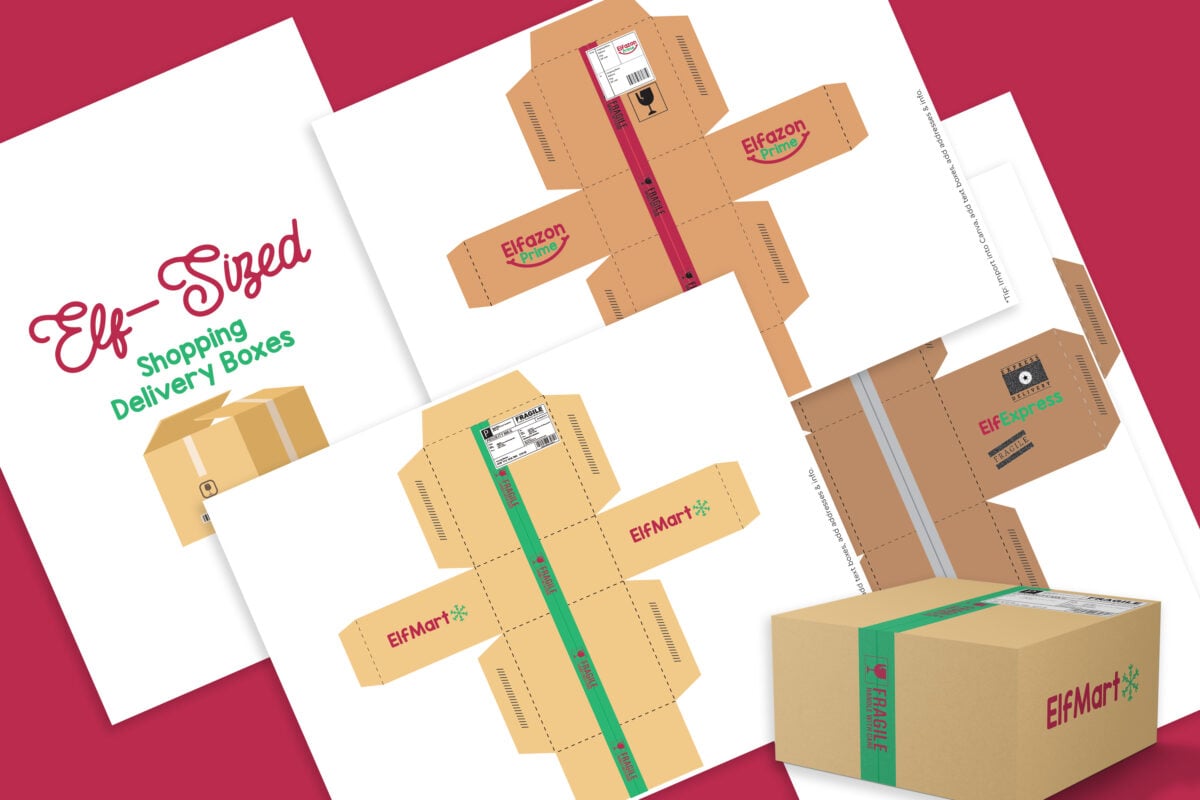 Flat pack and assembled cardboard boxes labeled "ElfMart" and "Elf-Sized Shopping Delivery Boxes" on a red background.