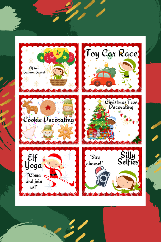 Enjoy our festive printable calendar with six delightful activities: Elf in a balloon basket, a toy car race, cookie decorating, Christmas tree decorating, elf yoga, and silly selfies. Create lasting memories every day leading up to Christmas with this cheerful bundle!