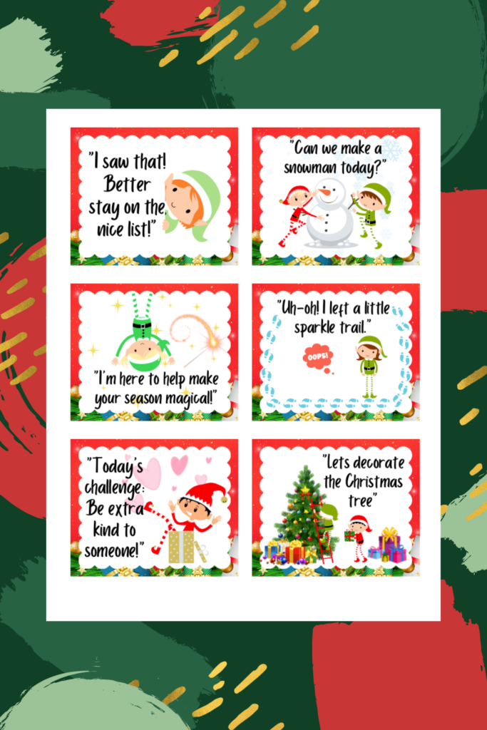 A printable bundle of six festive holiday cards featuring cartoon characters with cheerful messages, colorful borders, and playful illustrations of snowmen, elves, and Christmas trees. Perfect for celebrating the season with your 24 Day Elf!