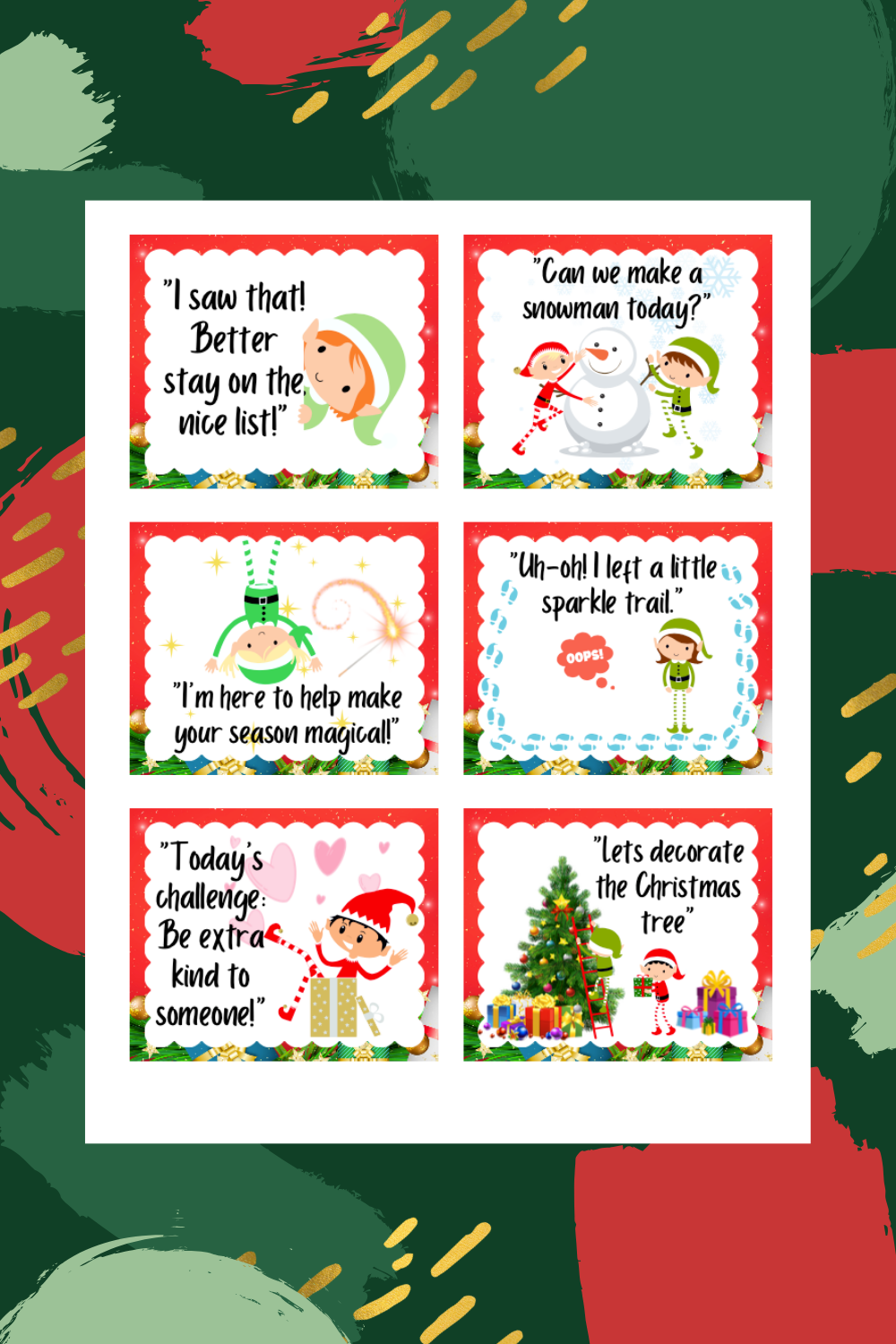 A printable bundle of six festive holiday cards featuring cartoon characters with cheerful messages, colorful borders, and playful illustrations of snowmen, elves, and Christmas trees. Perfect for celebrating the season with your 24 Day Elf!