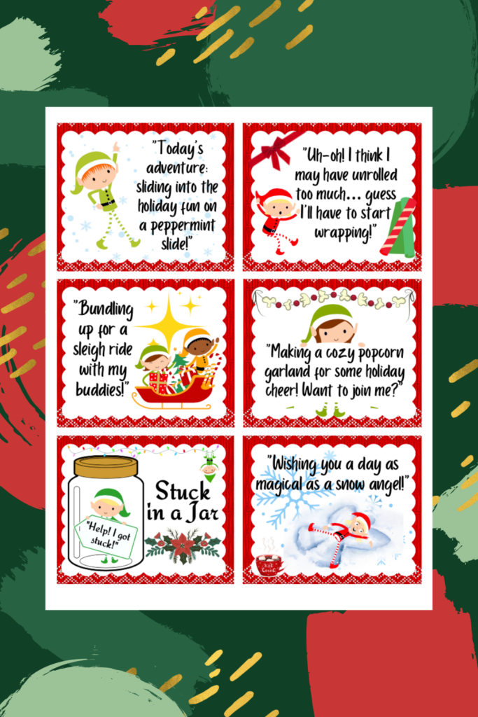 Discover our holiday-themed printable cards featuring elves with playful messages about activities like sledding, wrapping gifts, and making popcorn garlands. Each card in this 24-day Elf Bundle is surrounded by snowflakes and festive designs for a truly magical touch.