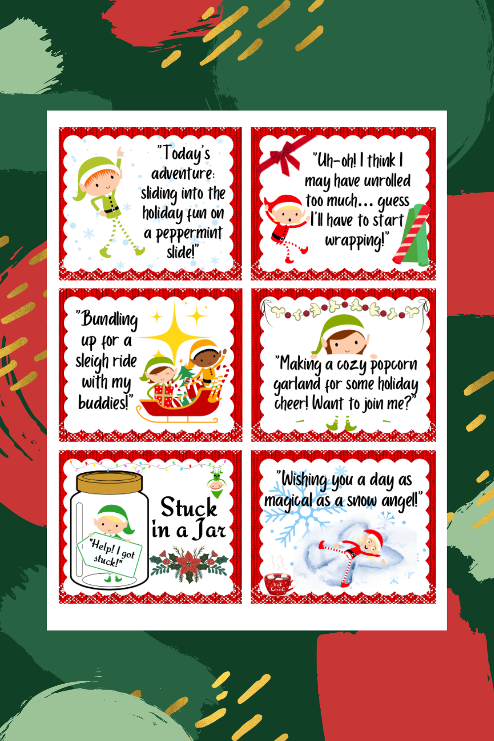 Discover our holiday-themed printable cards featuring elves with playful messages about activities like sledding, wrapping gifts, and making popcorn garlands. Each card in this 24-day Elf Bundle is surrounded by snowflakes and festive designs for a truly magical touch.