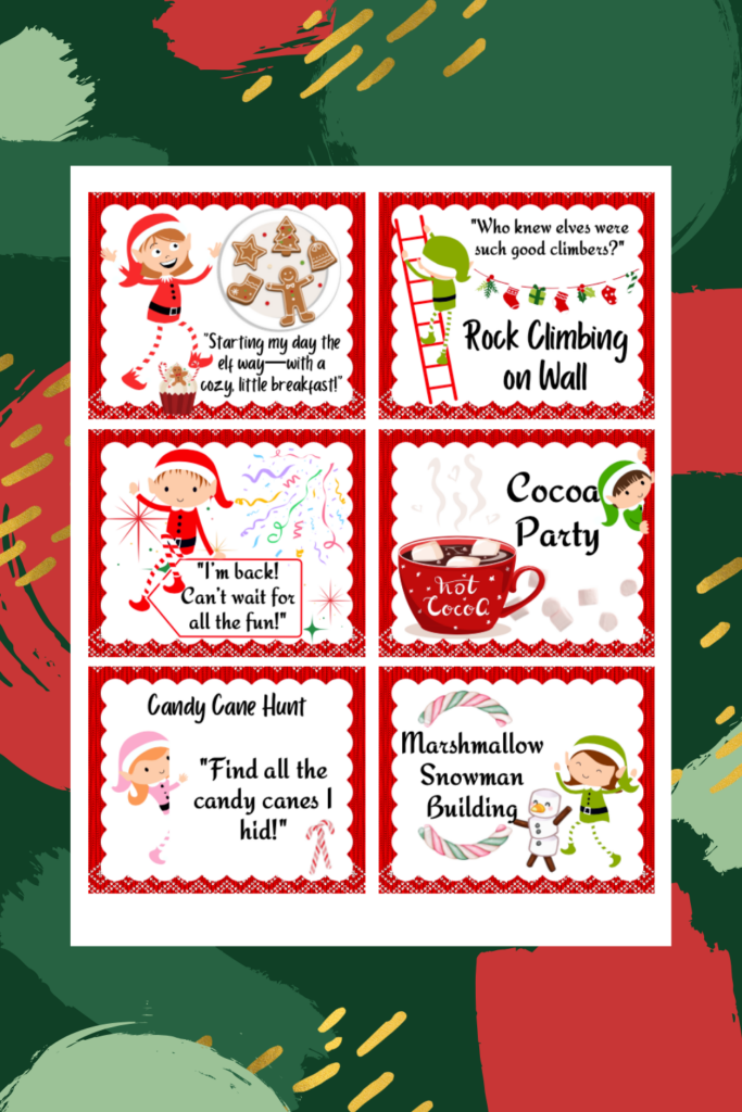 Printable festive holiday-themed card with six panels featuring elves engaging in activities: baking, rock climbing, marshmallow building, candy cane hunting, cocoa party, and a cheerful return message. Perfect as part of a 24-day Elf Bundle for endless holiday fun!