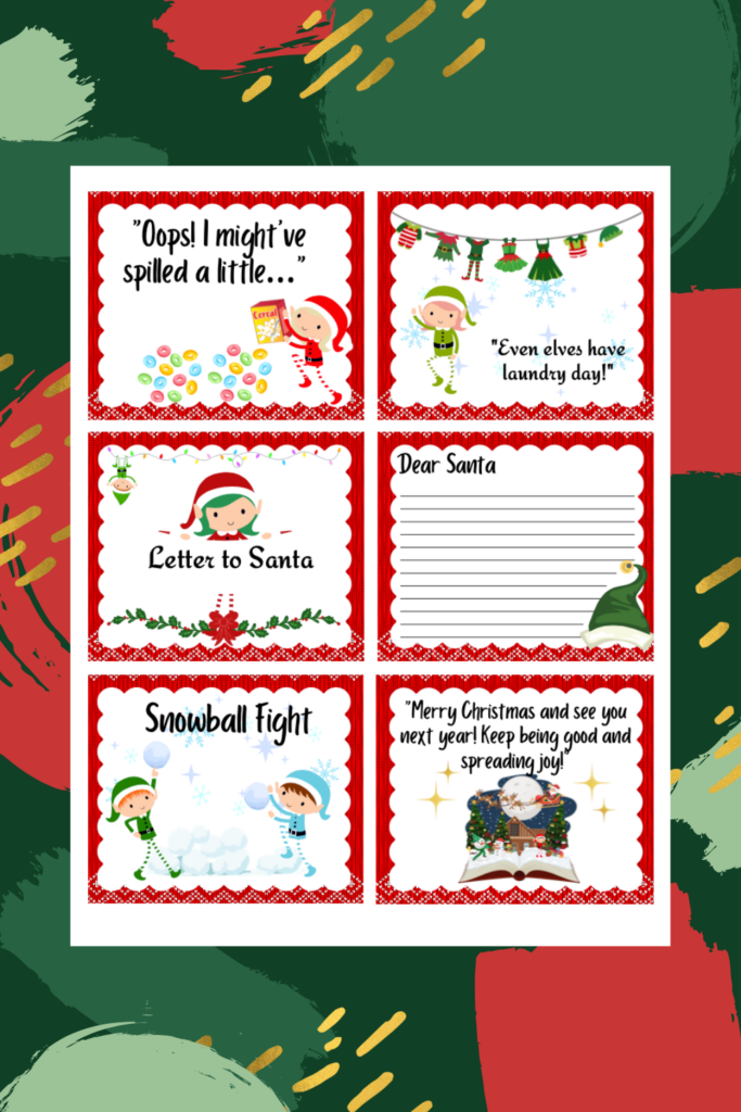 A festive holiday-themed card layout, this printable design features playful elves in colorful patterns and includes spaces for writing. Enhance the magic of Christmas with this 24 Day Elf Bundle, perfect for adding a whimsical touch to your seasonal greetings.