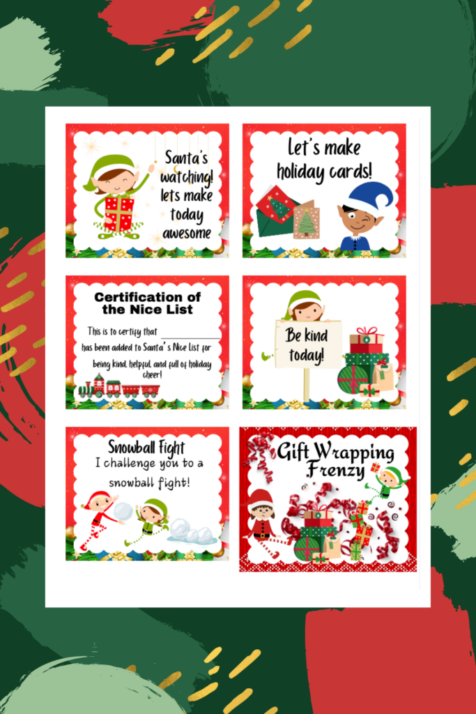 A printable sheet with six colorful holiday-themed cards, including cheerful illustrations and messages like "Let's make holiday cards!" and "Be kind today!" on a red and green background—a perfect addition to your elf bundle for a festive touch.