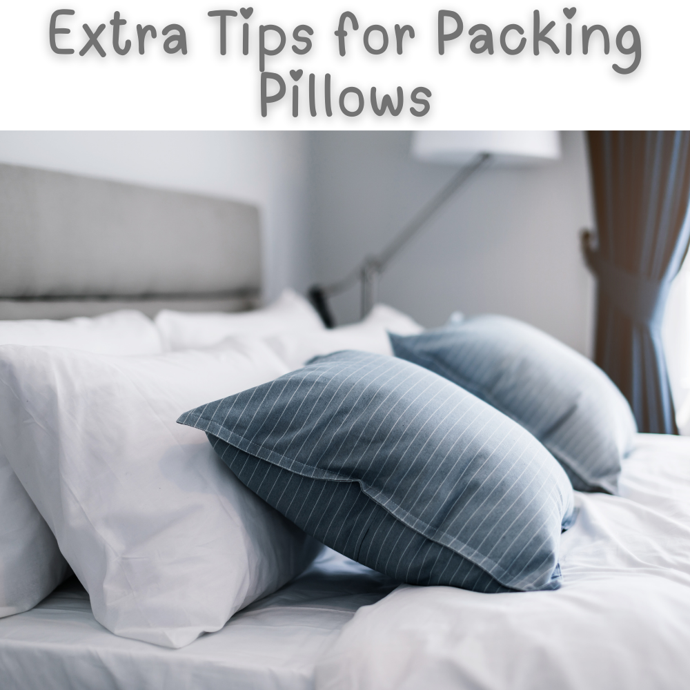 A neatly made bed features white sheets and two blue-striped pillows, under a text saying "Extra Tips for Packing Pillows," offering handy tips for moving.