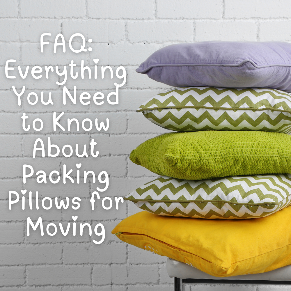 Stack of colorful pillows against a brick wall, with text: "FAQ: Ultimate Tips You Need to Know About Packing Pillows for Moving.