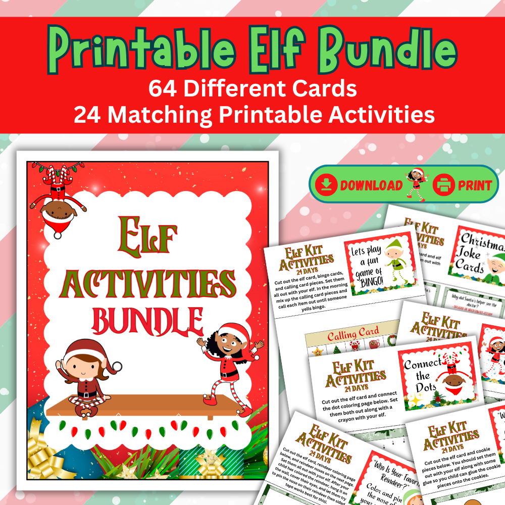 Cover image of a festive 24 Day Elf Bundle featuring a variety of printable activities, including 64 unique cards and 24 matching challenges.