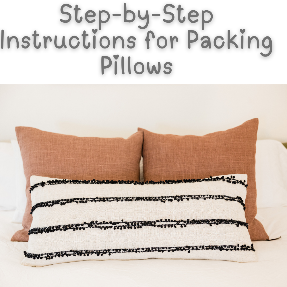 Two decorative pillows adorn the bed, beneath the text "Ultimate Tips for Packing Pillows.