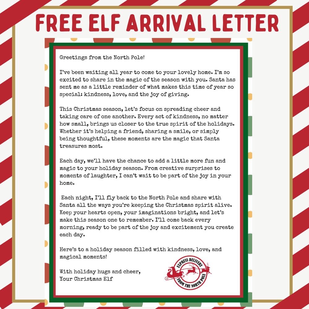 Festive letter from a "Christmas Elf" with a candy cane border, discussing bringing joy and kindness this holiday season, returning to the North Pole soon, and sending magical moments.