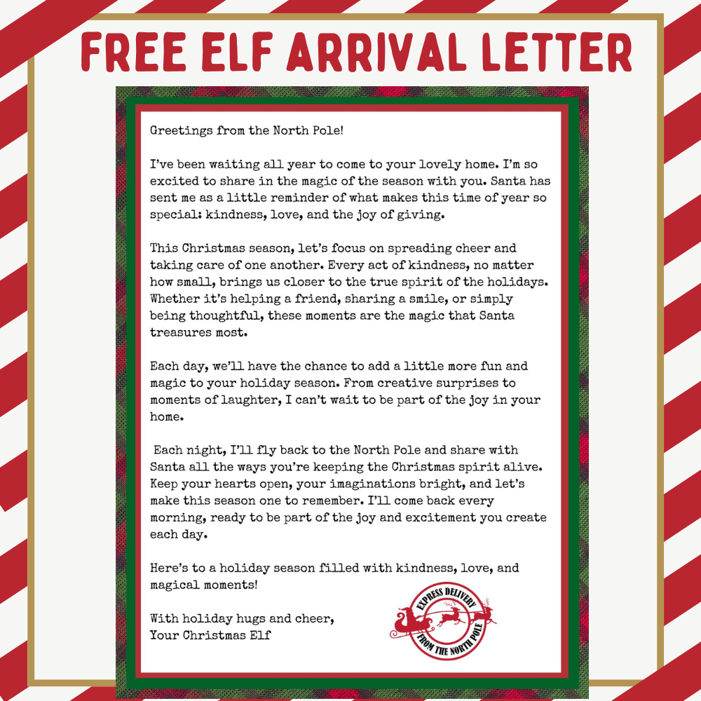 A letter from a Christmas Elf discussing the magic of the holiday season, highlighting kindness, cheer, and joy, with a border featuring candy cane stripes.