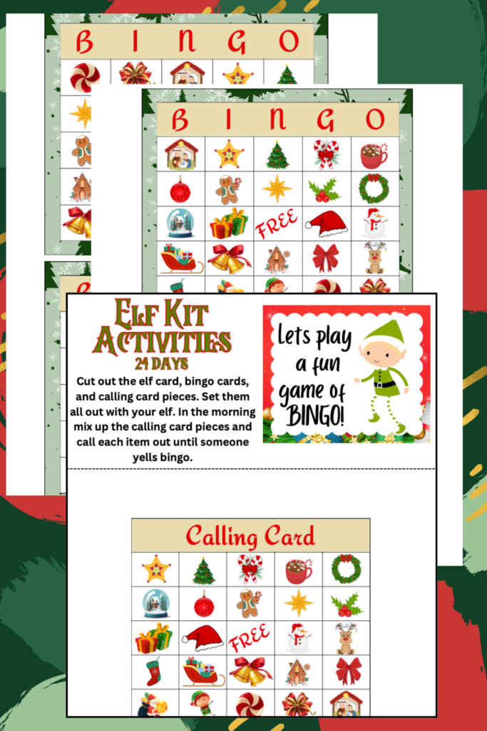 This Elf Bundle includes Christmas-themed bingo cards featuring festive symbols like wreaths, candy canes, and Santa hats. Enjoy a 24-day elf kit activity with printable instructions and a calling card grid for endless holiday fun.