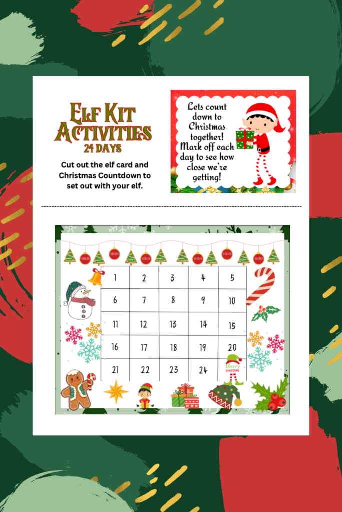 Enjoy a 24 Day Elf-themed Christmas countdown activity sheet, complete with numbered calendar squares, festive decorations, and cut-out instructions. This printable bundle adds magic to the holiday season for kids and families alike!